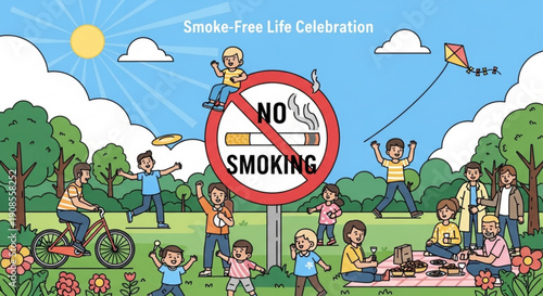Children celebrating smoke free life in park with no smoking sign