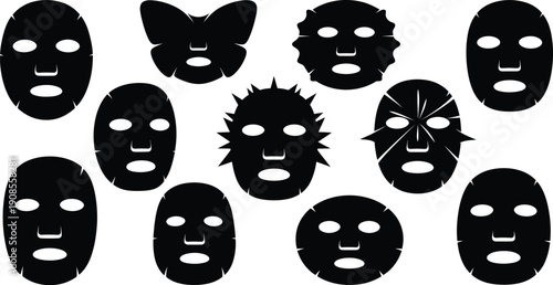 Collection of various black masks with different facial expressions