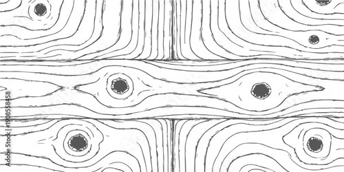 Seamless hand-drawn wood grain texture background with knots, natural pattern in monochrome sketch style, vector illustration