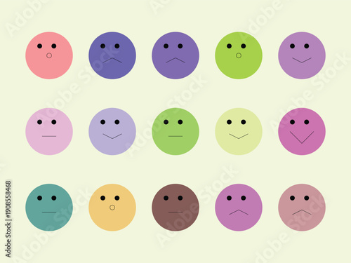 A collection of 15 pastel colored circular emoticons displaying various expressions on a soft pale yellow background