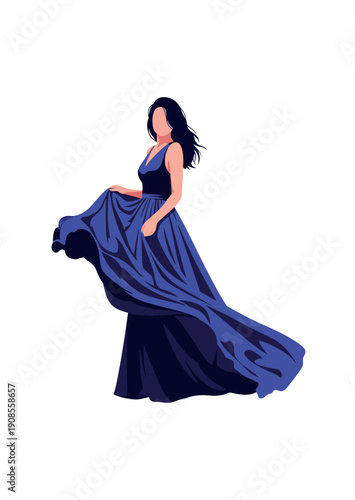 Woman in a flowing blue evening gown dancing.