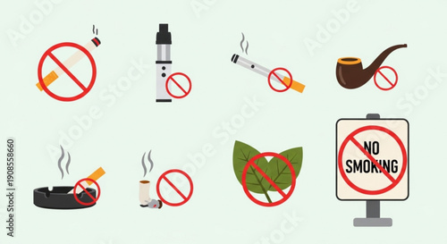 No smoking icons set with prohibited signs and objects