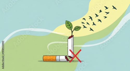 No smoking concept with cigarette and green plant emerging
