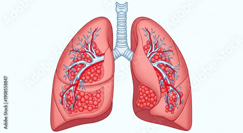 Human lungs with trachea and bronchi detailed anatomy illustration