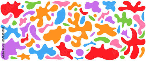 Set of vibrant blob with dense colorful amoeba shapes in orange, red, blue and purple.Energetic modern textures for festival posters, party invitations and bold fashion graphics
