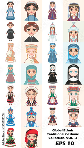 Global Ethnic Traditional Costume Collection Vol. 3. Vector Illustration of Dolls in Diverse Folk Dress, Featuring Middle Eastern, Eastern European, and Religious Apparel