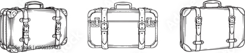 Hand Drawn Vintage Travel Suitcase Set, Retro Luggage Bag Line Art, old Suitcase Luggage Retro Travel hand drawn cute line art vector illustration