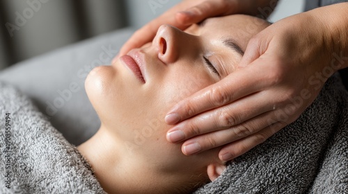 Wallpaper Mural Close up of a cosmetologist performing a buccal facial massage on a girl at a spa with light airy decor and grey towels Torontodigital.ca
