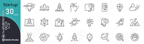 Startup related icon collections. Containing Startup, Innovation, Business, Launch, Idea, Growth, Entrepreneur, Investment, Strategy, and Success icons. Editable Stroke.