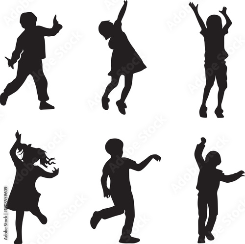 Children movement silhouettes set joyful kids playful actions vector graphic isolated on white background