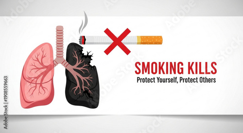 Smoking kills warning sign with healthy and damaged lungs illustration
