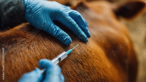 A person in blue gloves giving a syringe injection to the healthy side of a cow for anthrax vaccination