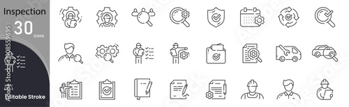inspection related icon collections. Containing Inspection, Audit, Check, Review, Quality, Control, Survey, Report, Verification, and Assessment icons. Editable Stroke. 