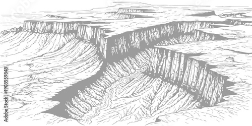 Detailed black and white illustration of a vast canyon landscape, showcasing erosion and geological formations from a bird's-eye view perspective.
