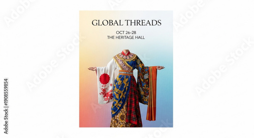 Vibrant kimono on mannequin with floral patterns and gradient background