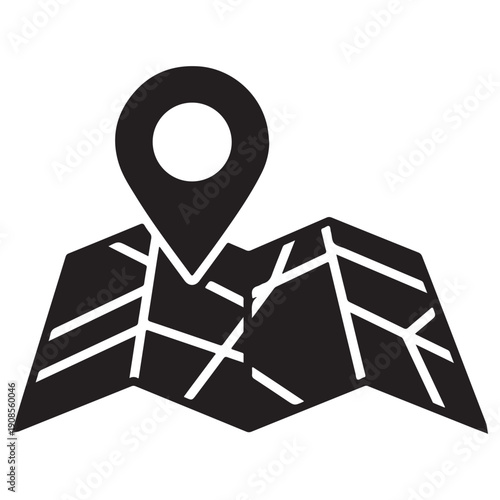 Black map icon with location pin on white background for navigation and direction  symbol for location marker on folded map