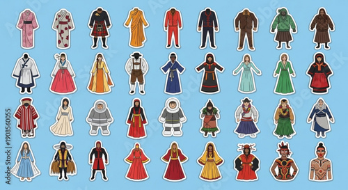Diverse medieval people cutouts in various costumes and attire on blue background