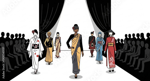 Diverse models showcase traditional japanese kimono designs on a fashion runway