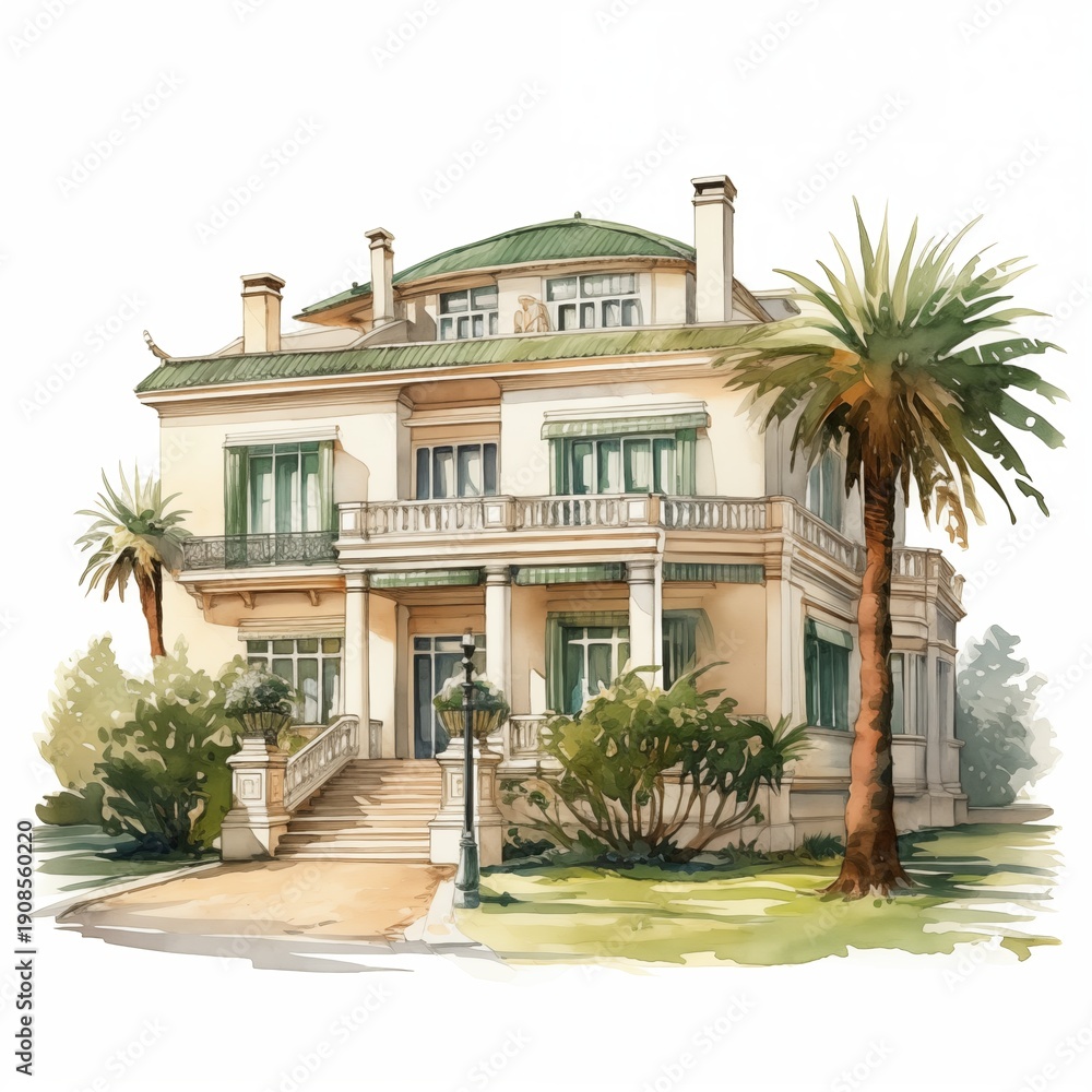 Fototapeta premium A villa depicted in watercolor surrounded by plants