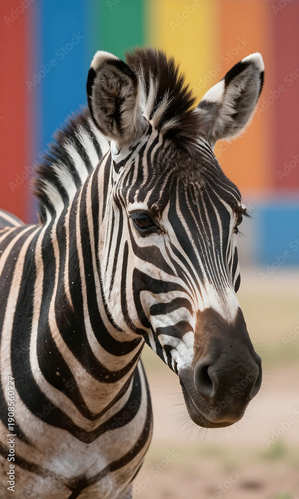 Naklejka premium photograph zebra head vibrant multicolored striped background soft natural light illuminating distinctive