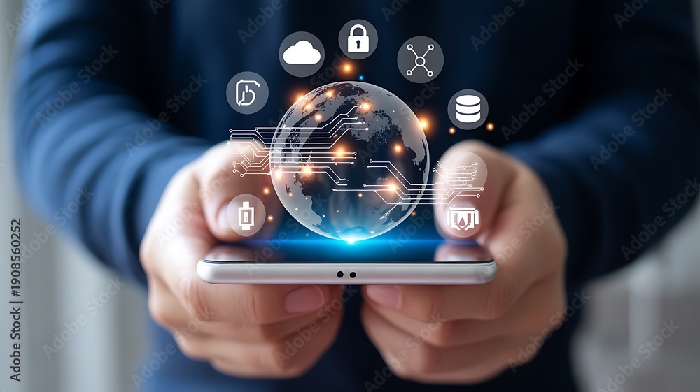 custom made wallpaper toronto digitalPerson holding smartphone with digital globe and icons floating above screen technology