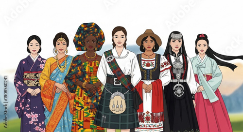 Diverse women in traditional clothing from around the world standing together