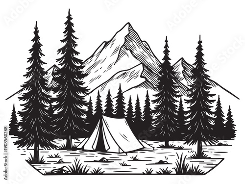 Camping in mountains with tent and trees landscape scene illustration