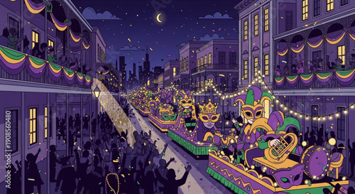 Mardi gras parade floats travel through crowded new orleans street at night