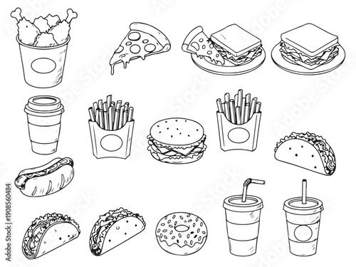 Fast food icons set including pizza burger sandwich fries taco hot dog donut and drinks  various takeout meals and snacks