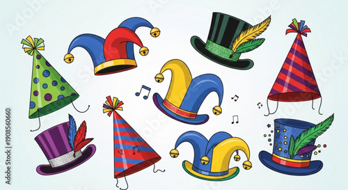 Colorful party hats and jester caps with music notes floating