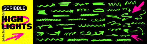 Minimal hand drawn shapes with marker lines and highlight accents, curved underline strokes and arrow cues, modern marker highlight design with underline style.