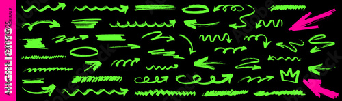 Creative hand drawn line art with marker highlight marks, curved underline strokes and arrow cues, trendy marker highlight design with underline flow.