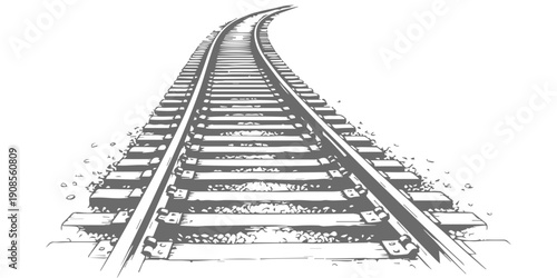 Perspective view of a curved railway track with wooden sleepers and gravel, hand-drawn illustration style