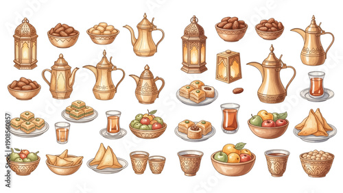 A charming watercolor collection of classic Arabic hospitality elements, featuring coffee dallahs, dates, sweets, tea cups, and serving dishes.