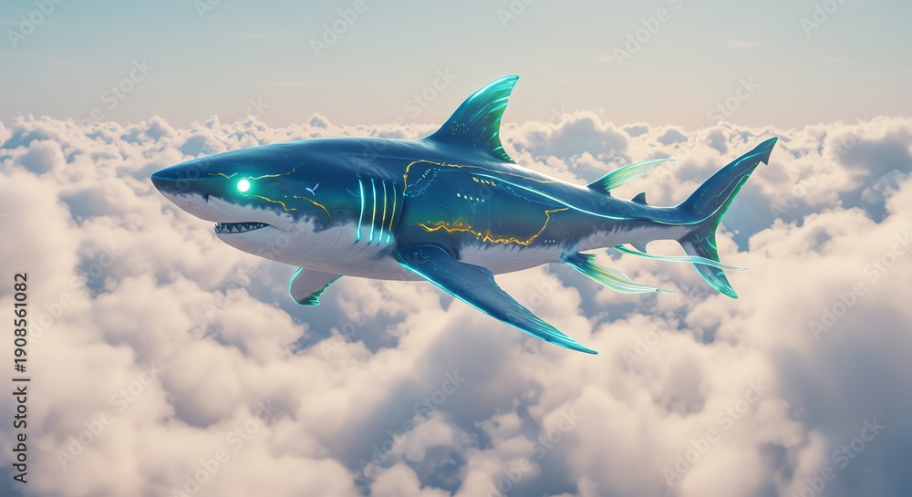 Obraz premium Shark flying through clouds surreal digital art