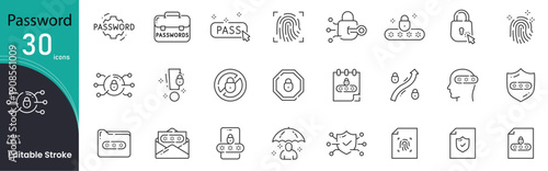 Password related icon collections. Containing Password, Security, Lock, Key, Authentication, Privacy, Protection, Access, Encryption, and Safety icons. Editable Stroke.