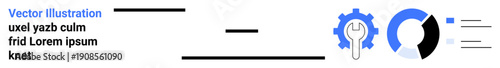 Data management, process optimization, analytics visualization, industrial design, workflow improvement, and business solutions. Blue gear icon next to a pie chart. Process optimization and data