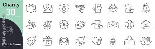 Charity related icon collections. Containing Charity, Donation, Help, Support, Care, Volunteer, Fund, Kindness, Aid, and Hope icons. Editable Stroke.