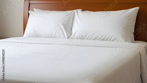 Neatly made hotel bed with white pillows and sheets and wooden headboard