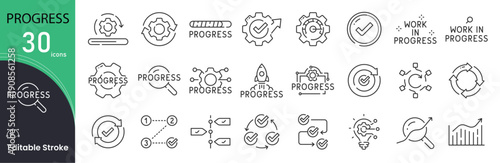  Progress related icon collections. Containing Progress, Growth, Improvement, Development, Success, Arrow, Chart, Goal, Achievement, Step, and Movement icons. Editable Stroke.