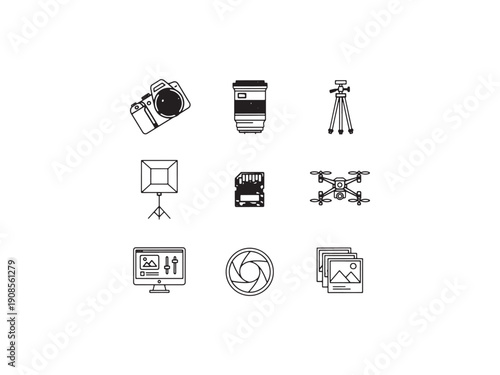 This vector illustration set features black movie and photography camera icons designed for business, technology, and web design symbols across modern office and media website applications