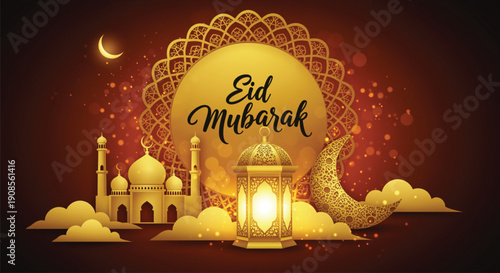 Eid mubarak greeting with golden mosque silhouette, illuminated lantern, crescent moon, and ornate background.