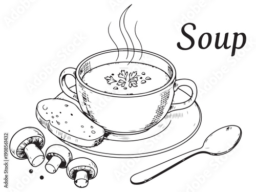 Mushroom soup in a bowl with bread and spoon on a plate  food and drink