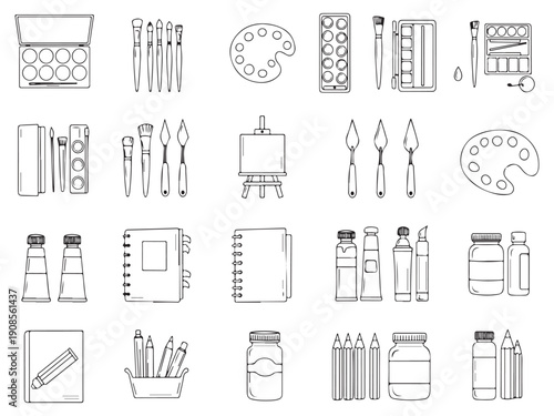 Set of artistic tools and supplies for painting and drawing on white background