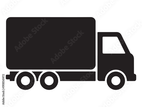 Simple silhouette of a large delivery truck with a box body and four wheels on the rear axle  side view