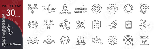 Work Flow related icon collections. Containing Workflow, Process, Task, Schedule, Timeline, Plan, Step, Operation, System, and Progress icons. Editable Stroke.