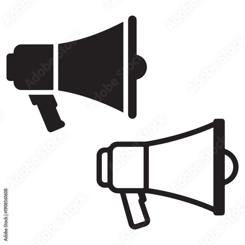Two black and white megaphone icons for communication and announcement purposes  loudspeaker symbols