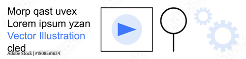 Digital media, search tools, multimedia content, user interface design, process automation, online navigation. Play button, magnifying glass and gears in clean layout. Digital media and search tools