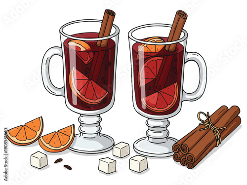 Two glasses of mulled wine with cinnamon sticks and orange slices on white background