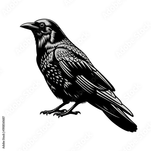 Graphic black and white vector illustration of a standing raven or crow